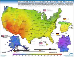 Solar Potential in US This graphic colorfully illustrates the solar power we have in the US compared to the two European leaders